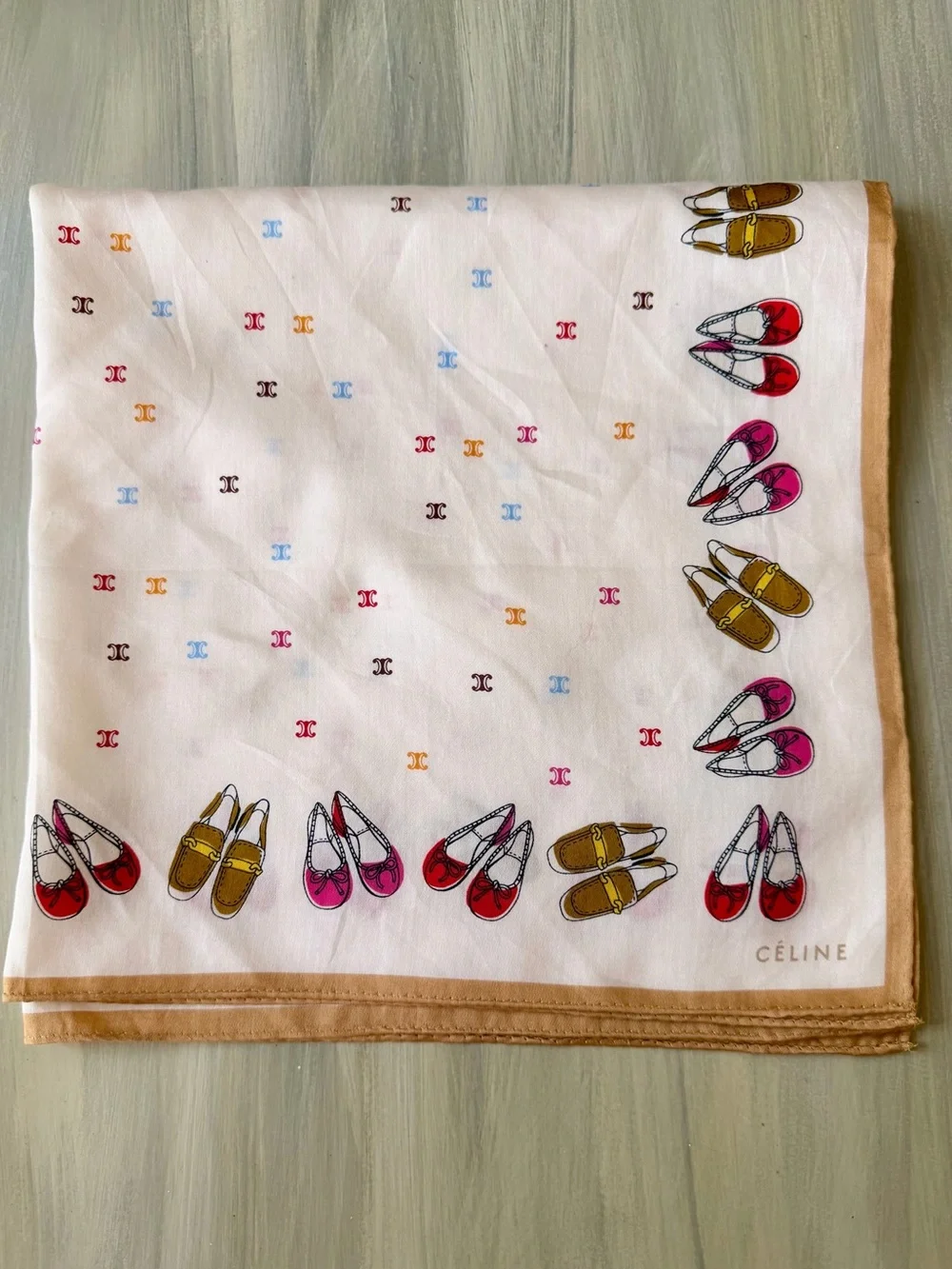 Céline Macadam Blazon White Cotton Square Scarf Whimsical Shoes Print